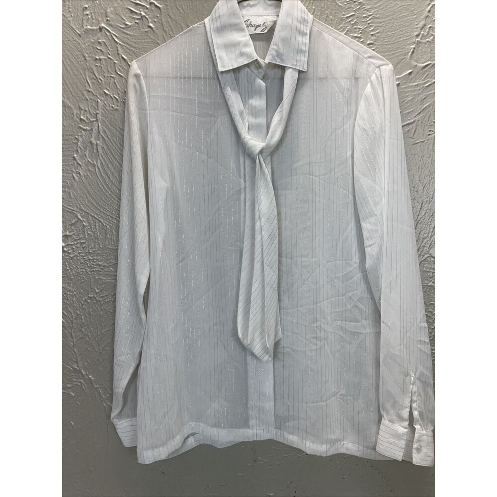 Shapely Floral Sheen Long‎ Sleeve Button Up Collar W/ Tie Vintage Blouse Size 8